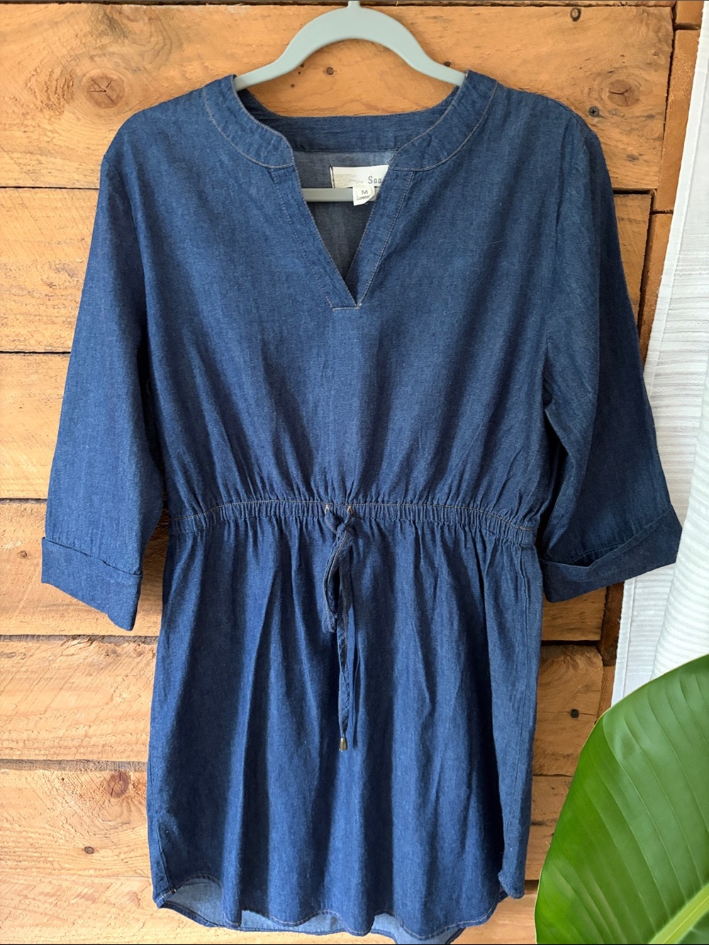 Drawstring Denim Mini Dress in Blue